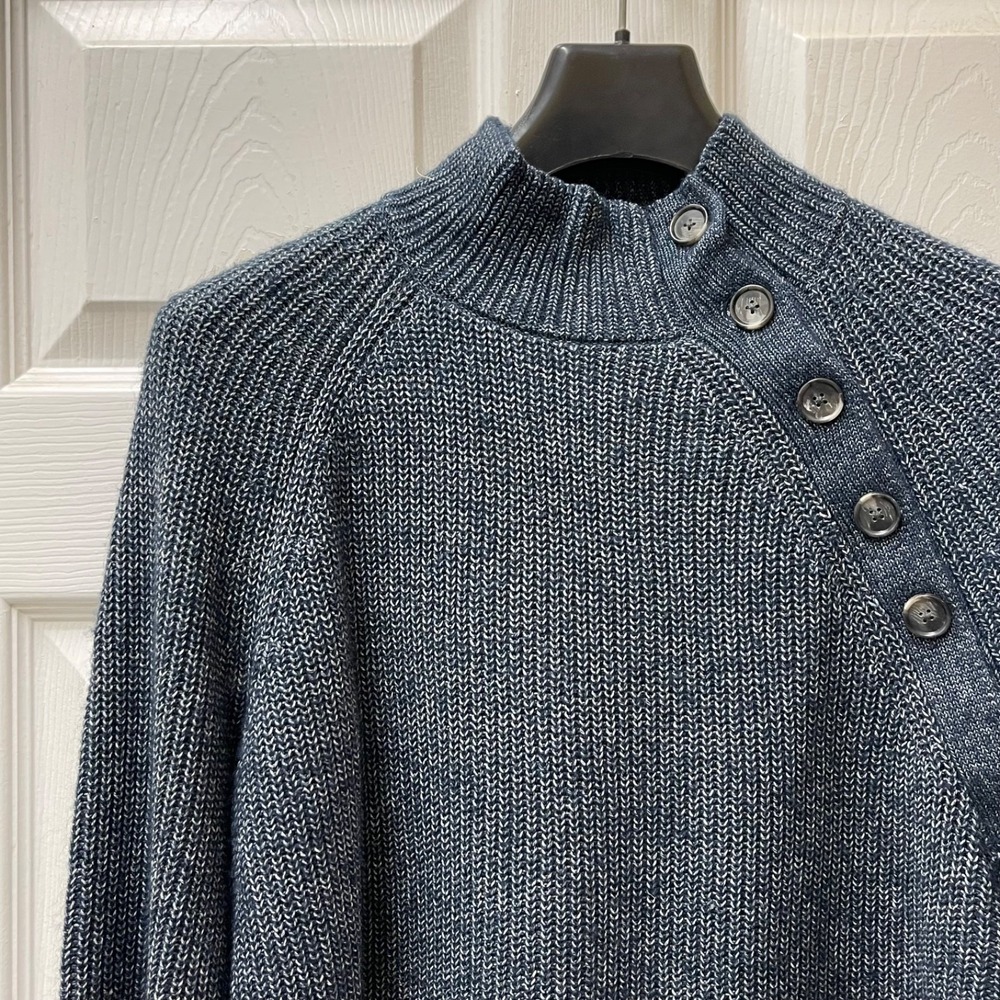 LOFT Women's Medium Blue Mock Neck Long‎ Sleeve Button Detail Knit Sweater